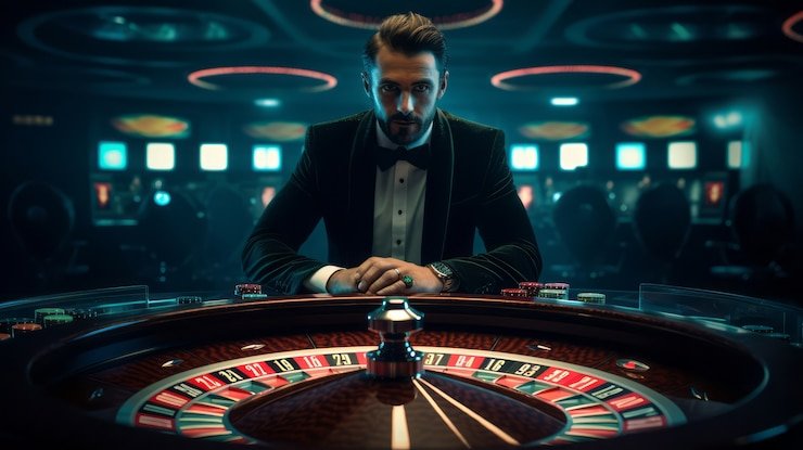 Roda roulette berputar dengan bola dalam studio live depoboss